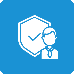 Person and shield icon on blue background.