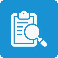 Clipboard with magnifying glass icon on blue.