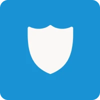 White shield icon on blue background.