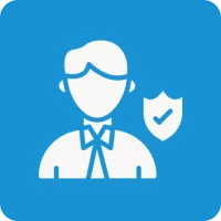 User icon with shield on blue background.